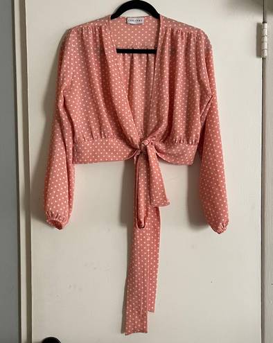 Shopbop Resurrection pink polka dot tie front wrap billowy sleeves plunge blouse