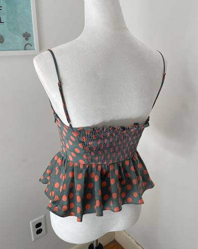 ZARA Green and Orange Polka Dot Satin Peplum Top