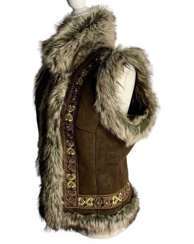 INC Vintage Y2K  Faux Fur Lined Vest M Brown Microfiber Hook Closure Rhinestones