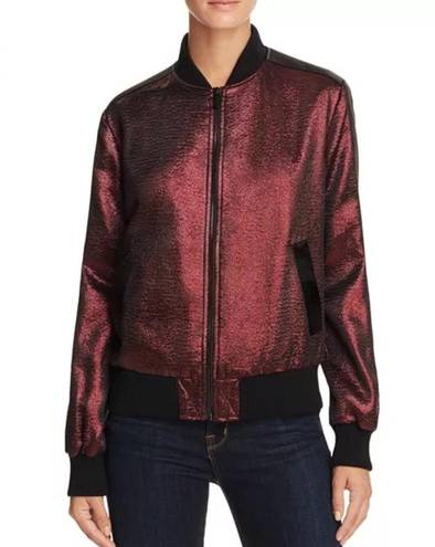 Cinq à Sept  Venus Lamé Bomber Jacket Wine Metallic Satin Trim Size XS