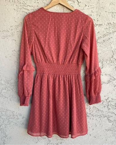 Angie Women's Sunset Coral Boho Swiss Dot Ruffle Long Sleeve V-Neck Dress Medium