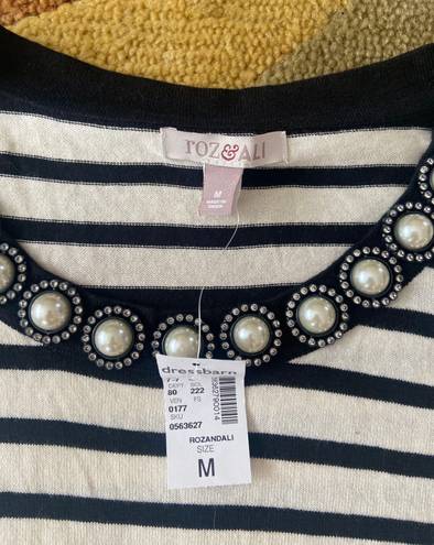 Dress Barn NWT  Roz & Ali Stripe Faux Pearl Jewel Lightweight Sweater Top Medium