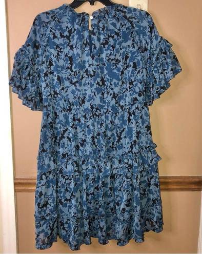 Olivaceous  Floral Ruffle Tiered Pocket Babydoll Dress Blue Medium