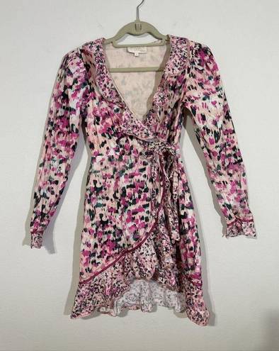 Rococo  Sand Mimi Ruffle Trim Long Puff Sleeve Mini Wrap Dress Pink size Small