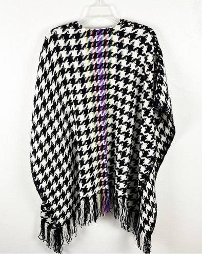 Chico's CHICO’S Black And White Houndstooth Multicolored Accent Panel Fringe Poncho, OS