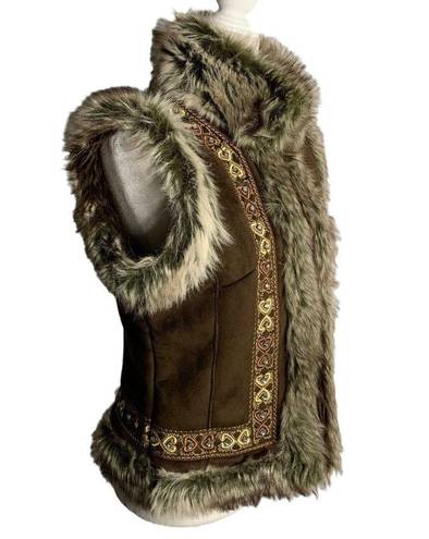 INC Vintage Y2K  Faux Fur Lined Vest M Brown Microfiber Hook Closure Rhinestones