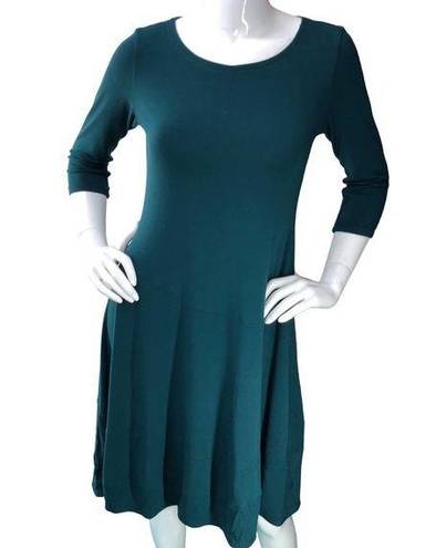 Eileen Fisher  Size XS Fit and Flare Dress Teal Jersey Knit Stretch 3/4 Sleeve