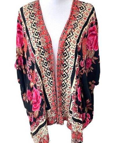 Angie  Women's Boho Rayon Floral Kimono Cardigan Lightweight Black Size M