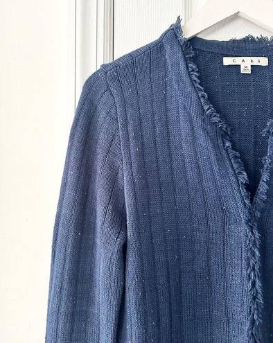 CAbi  Navy Blue Duchess Speckled Confetti Hook Closure Fringe Trim Long Cardigan