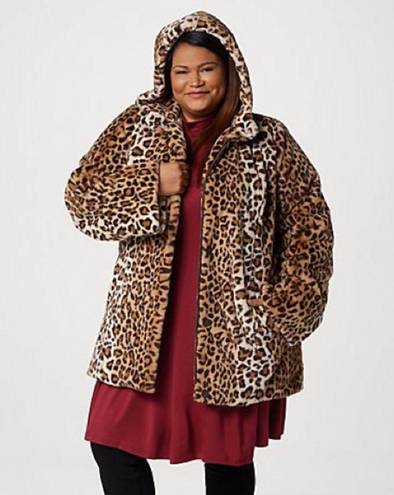 Dennis Basso Brown Leopard Zip Front Faux Fur Coat with Hood and Waist Detail