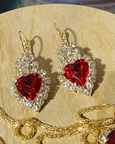 New Red Heart necklace and Drop Earrings golden jewelry set rhinestone Valentines Day Fashion