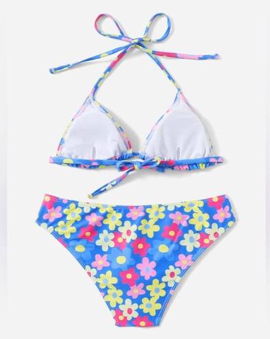 Blackbough NWT  Swim Retro Floral Triangle Bikini Set - Blue/Pink - L/L