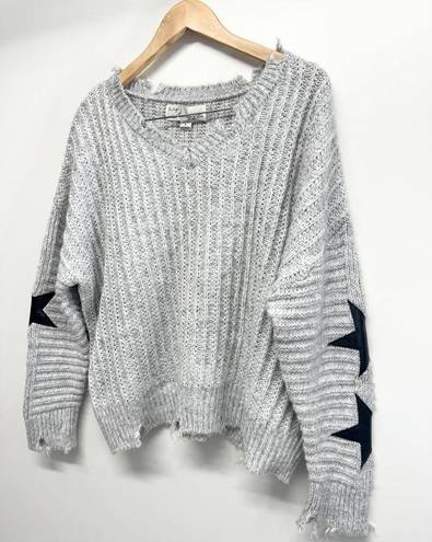 Vintage Havana  Sweater Womens Distressed Star Patch Gray Ribbed Knit NEW