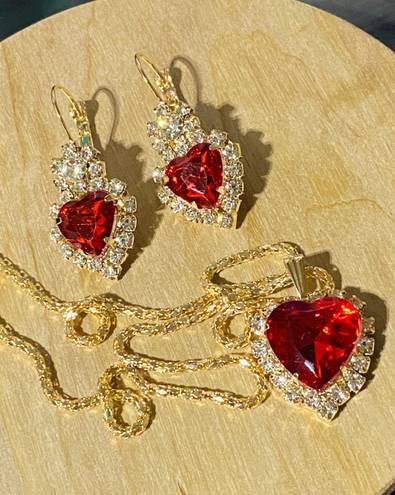 New Red Heart necklace and Drop Earrings golden jewelry set rhinestone Valentines Day Fashion