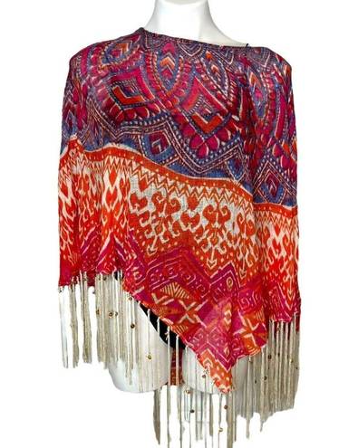 CHICO'S Phoebe Poncho Colorful Sheer Linen ONE SIZE w Beaded Fringe Pink Purple Size M