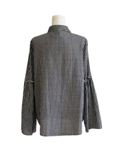 BeachLunchLounge  Blouse Top Black White Gingham Button Front Bell Sleeve Top XL