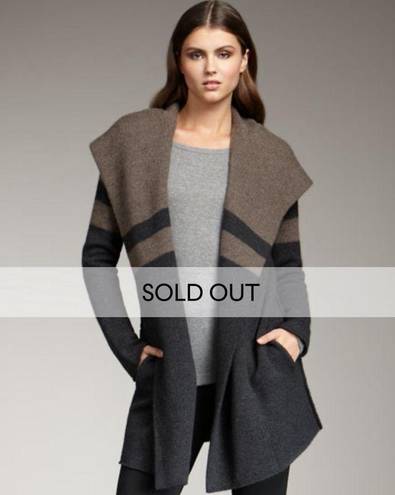 Vince  colorblock wool/cashmere blend drape-front hooded sweater coat