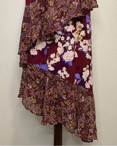 Mossimo Burgundy Floral Ruffle Midi Skirt Size M