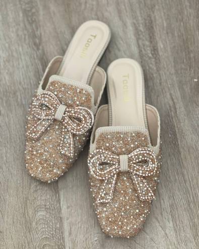 Amazon Rose Gold Pearl Bow Mules 