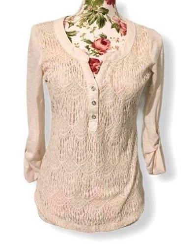 belle du jour Crochet Front Henley Button Blouse Top Ivory White