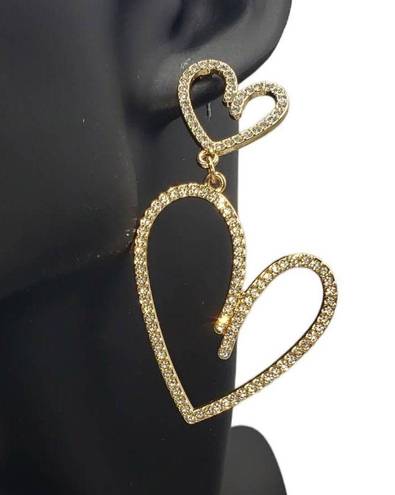 House of Harlow NIB  1960 Gold Tone Double Heart Glass Stones Dangle Earrings $99