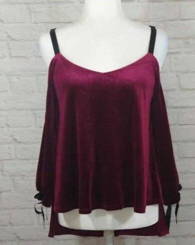 Romeo + Juliet Couture  Burgundy Velvet Cold Shoulder Open Back Tie Top Blouse