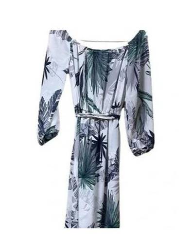 Sans Souci NWT Tropical Palm Print Off Shoulder Tie Maxi Dress 3/4 Sleeve S White F0100