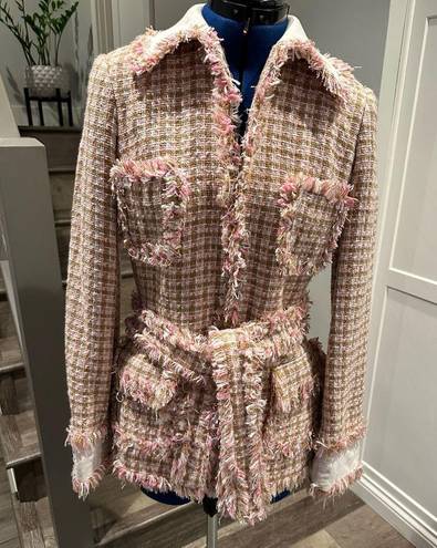 Cache Cach'e Jacket Pink Cream Woven Textured Classic Lines Sculpted Belted Blazer