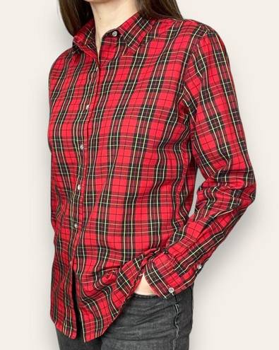 Nordstrom Vintage  Button-Up Shirt Women Plaid Long Sleeve Red Collar Tomboy Work