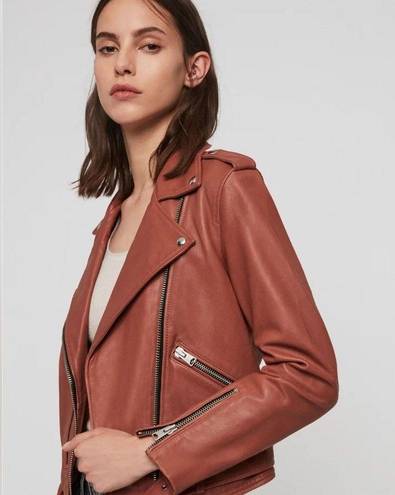 All Saints Balfern Belted Hem Leather Biker Jacket in Rosewood, in size 8