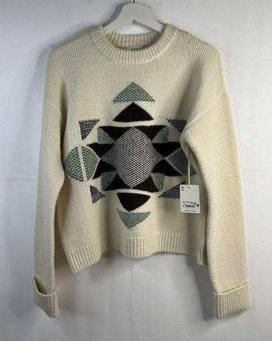 a.n.a  Crewneck Pullover Quilt Tribal Pattern Sweater Long Sleeve Cream Size M