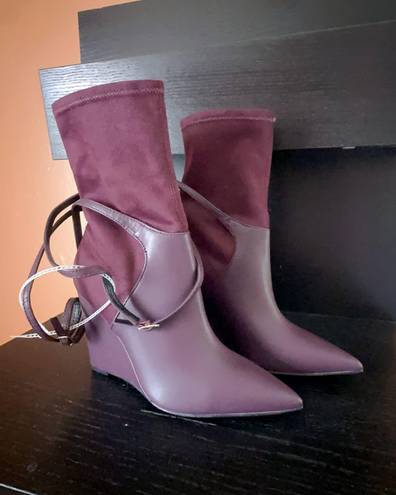 GUESS Burgundy Purple velvet Mixed Media Buckled Strap Acora Point Toe Wedge dress Boot