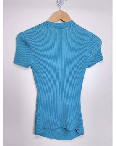 August Silk  Shirt Womens V Neck Ribbed Silk Blend Blue Size Small