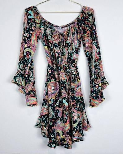 Luli Fama  Gypsy Off Shoulder Bell Sleeve Boho Paisley Floral Dress Size Small