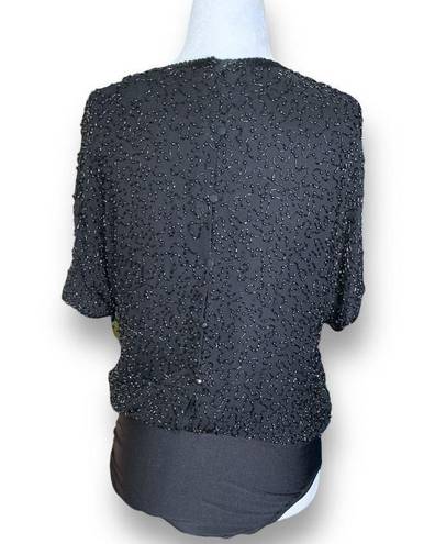 Oleg Cassini Vintage Black Tie  Bodysuit Black Silk Abstract Beaded Short Sleeve