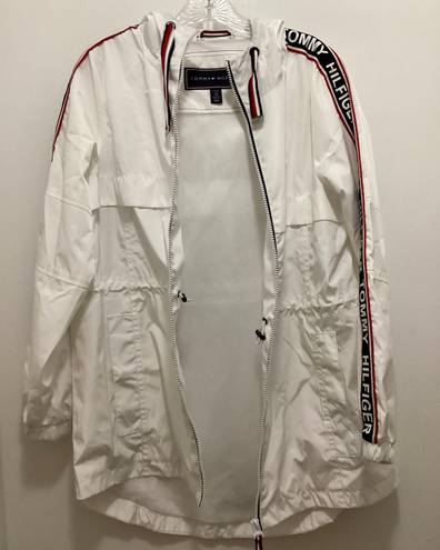 Tommy Hilfiger White /Red /Blue Hooded Windbreaker Jacket Sleeve Logo Sz XS