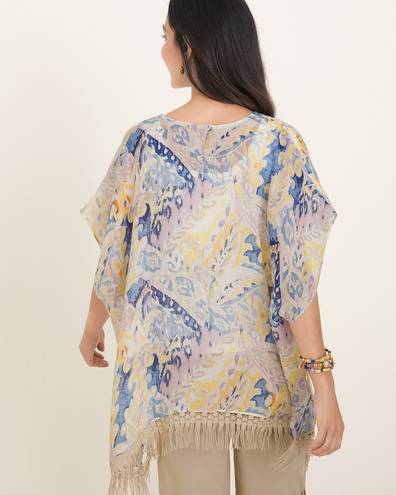 Chico's  Linen Weave Poncho Cape Watercolor Paisley Crochet Fringe Small / Medium