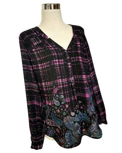 Black Rainn  - Roll Tab Sleeve V Neck Pullover Blouse Purple Black Plaid - Medium