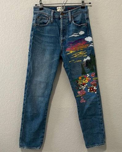 Alice + Olivia  AO LA High Rise Girlfriend Embroidered Mountain Jeans, Size 25