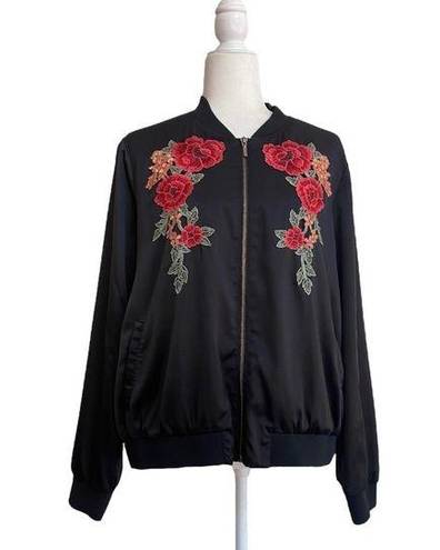 cupio  Floral Embroidered Bomber Jacket Satin Black Womens Size L Full Zip Retro