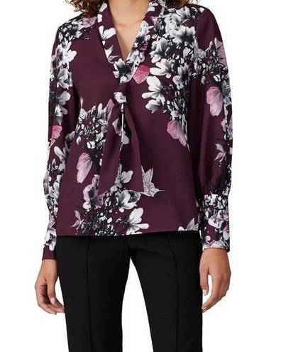 Natori  Purple Floral Neck Tie Button Down Blouse