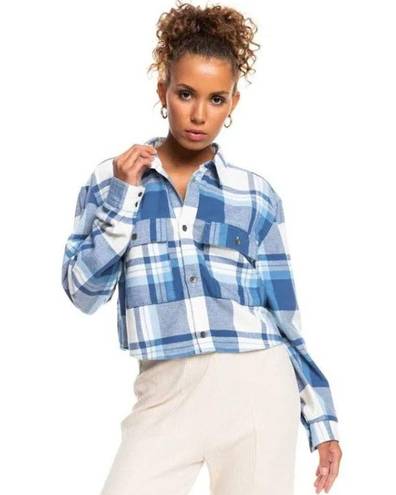 Roxy NWT  Both Ways Cropped Plaid Button Down Shirt Blue Size M