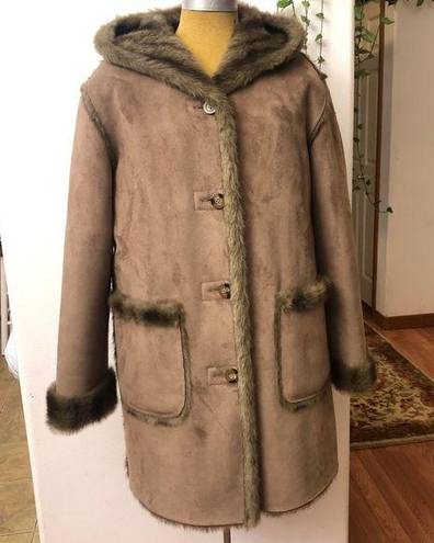 Dennis Basso Coat Reversible Faux Suede Fur Mink Brown Hooded