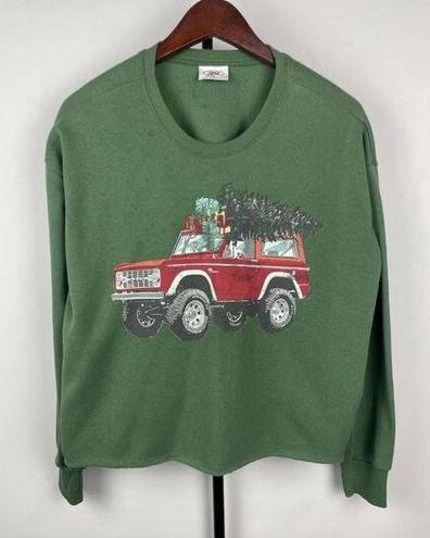 Grayson Threads Ford Bronco Christmas Green Crew Neck Long Sleeve Cropped Sweatshirt Size S