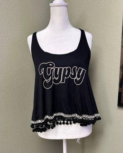 Vintage Havana  black Gypsy Pom Pom tassel hem crop top