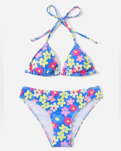 Blackbough NWT  Swim Retro Floral Triangle Bikini Set - Blue/Pink - L/L