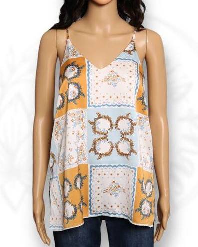 Joie  Patchwork Handkerchief Patterned Satin Tank Top Floral White Yellow Blue XS