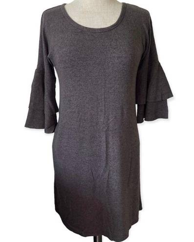 Moa Moa Ruffle Flare Bell Sleeve Dress Tunic Heather Brown Black Soft Size Small