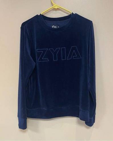 Zyia Active Velour Long Sleeve Sweatshirt Navy Blue Spell Out Athletic Womens M