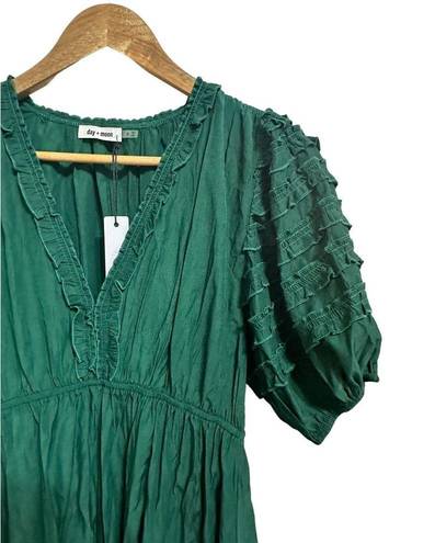 The Moon Day +  emerald green ruffle puff sleeve satin mini dress Small NEW